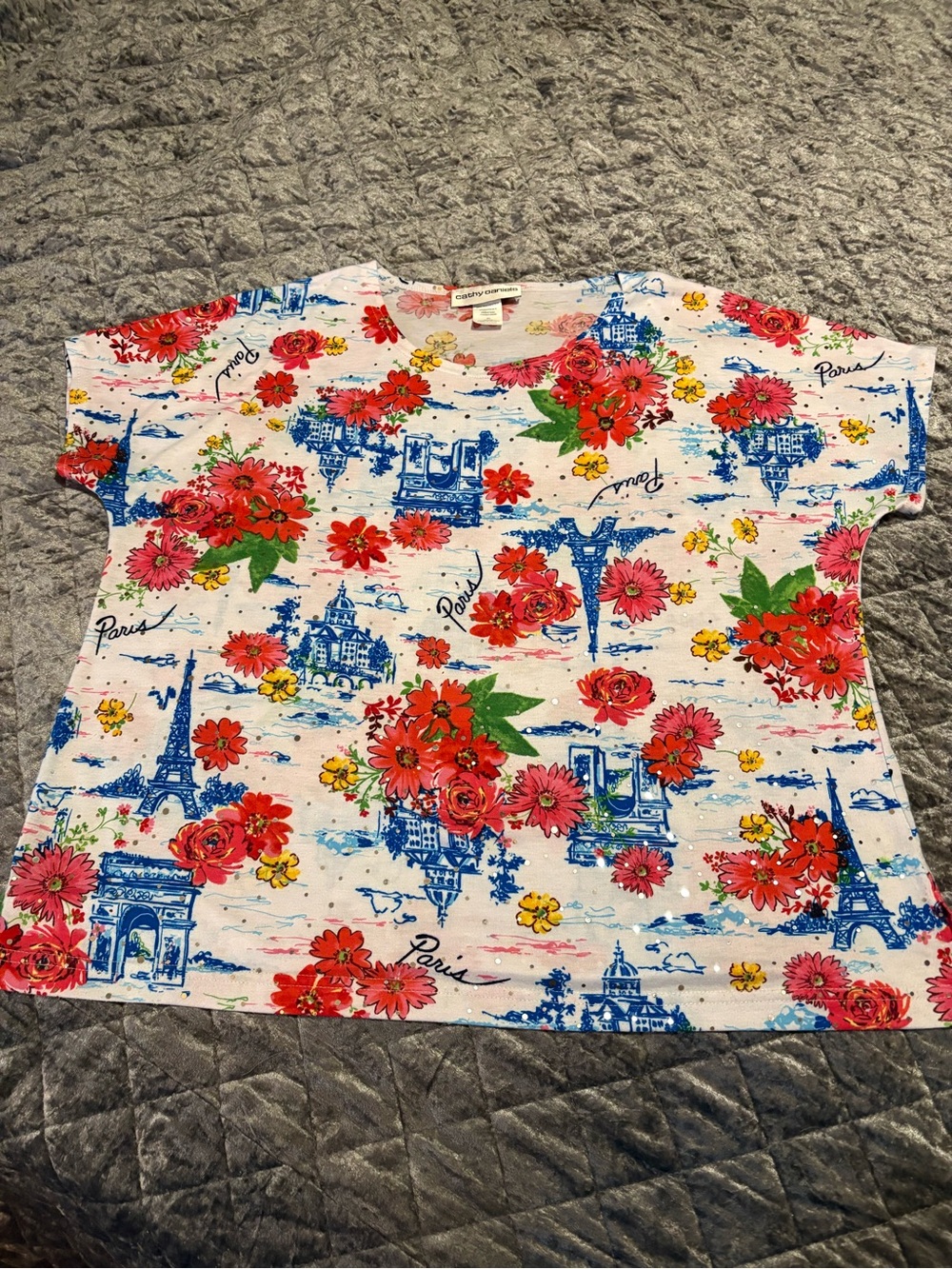 Cathy Daniels White Short-Sleeve Floral Paris Print top #1382